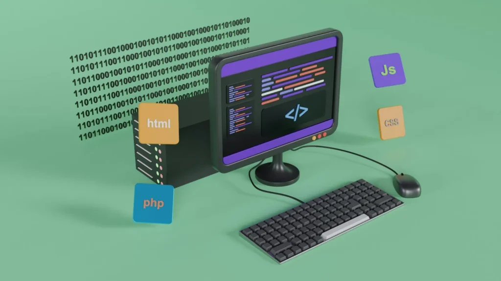 Illustration of a computer displaying code with floating programming-language symbols
